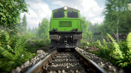 Fototapeta premium Green Diesel Locomotive Approaching on Railway Tracks Through Forest