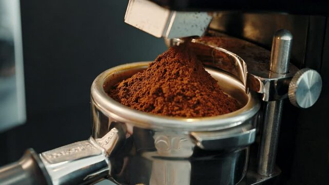 coffee beans being freshly grinded in a coffee blending machine indoors in a cafe.