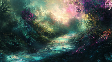 Fototapeta premium A fluid, abstract river flowing through a colorful, alien-like forest, with vibrant tones of green, blue, and pink merging into a soft, dreamlike background.
