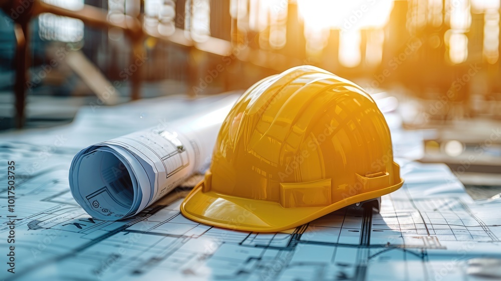 Poster yellow safety helmet placed on top of a rolled-up blueprint with copy space. bright sunlight. constr