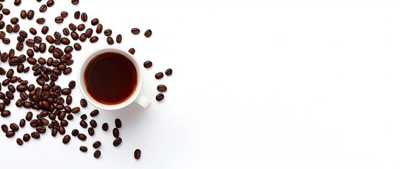 Obraz premium Coffee cup and coffee beans on white background, top view