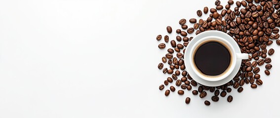 Coffee cup and coffee beans on white background, top view