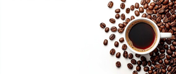 Obraz premium Coffee cup and coffee beans on white background, top view