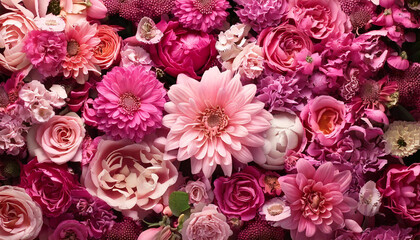 色々な種類のピンク色の花が敷き詰められた背景