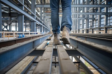 A photo of a construction worker's feet walking on steel beams at a construction site 