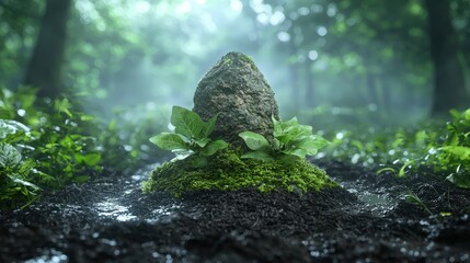 Mystical Forest Path with Fog  Rock  Moss  and Lush Greenery