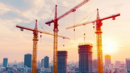 Construction Cranes Skyline Golden Hour Urban Development