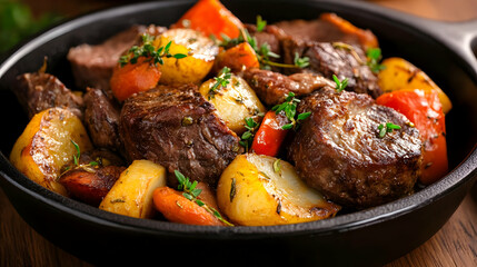 Fototapeta premium Beef Stew with Potatoes and Carrots in a Cast Iron Skillet.