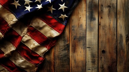 Fototapeta premium Vintage American flag resting against a grunge wooden background, providing ample copy space for national holiday themes or patriotic events. The retro flag design and weathered wood texture evoke a s