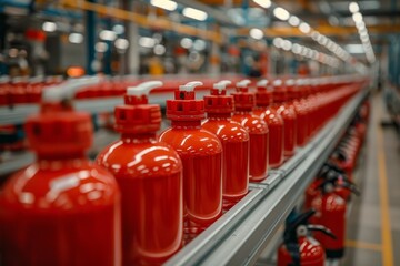Obraz premium Fire extinguishers demonstrated in use during emergency response at the manufacturing facility