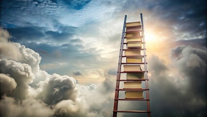 Abstract ladder on stack of books with clouds backdrop