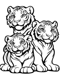 Three baby tigers are sitting on their hind legs and looking at the camera. They are all smiling and seem to be happy