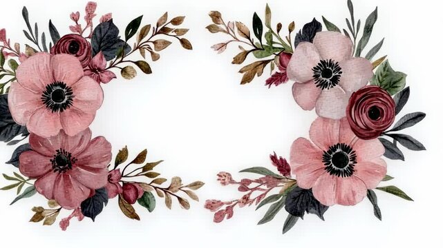 A watercolor illustration of a floral wreath with pink and burgundy flowers and green leaves