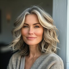 Fototapeta premium A pretty 50 year old woman with Stacked Bob with Soft Waves hairstyle, smiling.