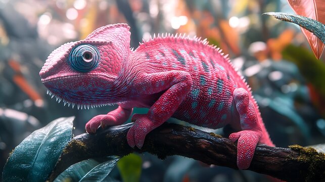 A vibrant pink chameleon perched on a branch, showcasing its intricate patterns and striking color.