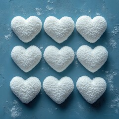 Fototapeta premium Heart-shaped snowballs displayed artistically on a bright blue background for Valentine's theme
