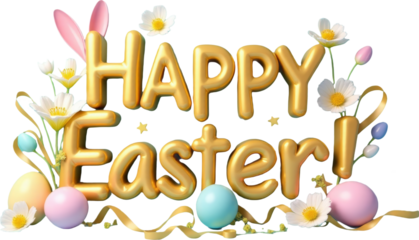 Golden 3D "Happy Easter" text with playful elements like colorful eggs, flowers, and a cute bunny on a transparent background. Ideal for Easter-themed designs, festive greetings, and spring decor.

