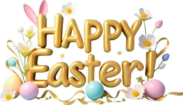 Golden 3D "Happy Easter" text with playful elements like colorful eggs, flowers, and a cute bunny on a transparent background. Ideal for Easter-themed designs, festive greetings, and spring decor.

 - Powered by Adobe