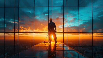 Silhouette of a person standing in front of a large window with a sunset view, reflecting on a glossy floor, symbolizing contemplation and solitude.