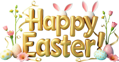 Golden 3D "Happy Easter" text with playful elements like colorful eggs, flowers, and a cute bunny on a transparent background. Ideal for Easter-themed designs, festive greetings, and spring decor.

