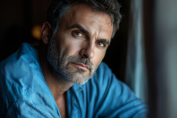 Fototapeta premium A 40-year-old man with a strong build, wearing blue pajamas, with a concerned yet determined expression