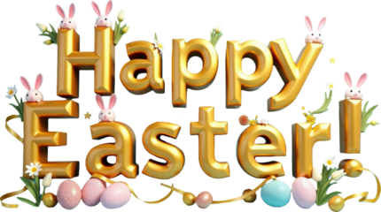 Golden 3D "Happy Easter" text with playful elements like colorful eggs, flowers, and a cute bunny on a transparent background. Ideal for Easter-themed designs, festive greetings, and spring decor.

