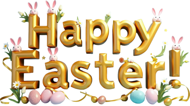 Golden 3D "Happy Easter" text with playful elements like colorful eggs, flowers, and a cute bunny on a transparent background. Ideal for Easter-themed designs, festive greetings, and spring decor.

