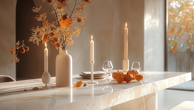 A cozy autumn-themed dining room with soft, earthy tones. The centerpiece is a sleek dining table made of marble, with its subtle beige hues.