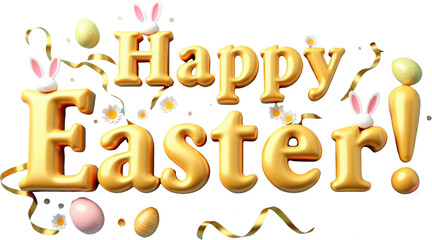 Golden 3D "Happy Easter" text with playful elements like colorful eggs, flowers, and a cute bunny on a transparent background. Ideal for Easter-themed designs, festive greetings, and spring decor.

