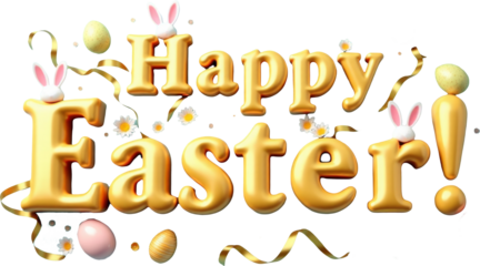 Golden 3D "Happy Easter" text with playful elements like colorful eggs, flowers, and a cute bunny on a transparent background. Ideal for Easter-themed designs, festive greetings, and spring decor.

