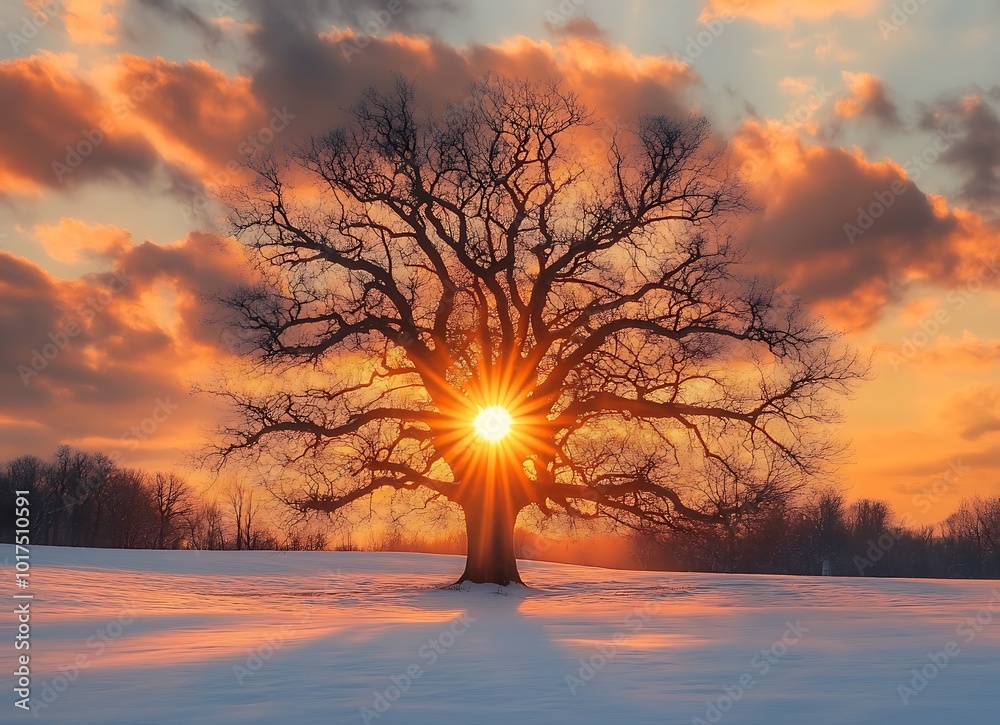 Wall mural an old oak tree stands in the middle of an empty winter field the sun sets behind it and casts its r