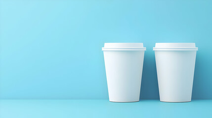 Two Blank White Coffee Cups on Blue Background.