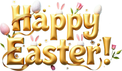 Golden 3D "Happy Easter" text with playful elements like colorful eggs, flowers, and a cute bunny on a transparent background. Ideal for Easter-themed designs, festive greetings, and spring decor.

