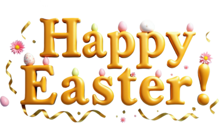Golden 3D "Happy Easter" text with playful elements like colorful eggs, flowers, and a cute bunny on a transparent background. Ideal for Easter-themed designs, festive greetings, and spring decor.

