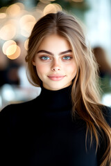 Fototapeta premium A woman with long blonde hair and blue eyes is smiling at the camera. She is wearing a black shirt and has her hair pulled back