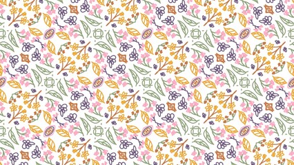 Colorful seamless pattern featuring yellow, pink, and purple floral elements, green leaves, and abstract shapes. Ideal for fabric, wallpapers, and decorative backgrounds.