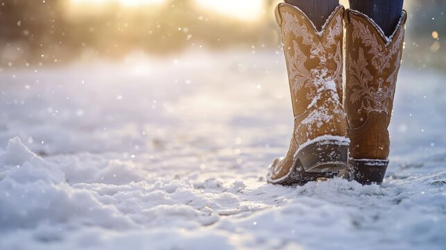 Cowboy or cowgirl western style boots in the snow