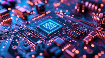 Obraz premium Close-up of a circuit board with glowing components, highlighting technology and innovation.