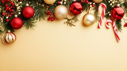 Festive Christmas-themed golden  background with ornaments and candy canes, space for text