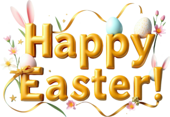 Golden 3D "Happy Easter" text with playful elements like colorful eggs, flowers, and a cute bunny on a transparent background. Ideal for Easter-themed designs, festive greetings, and spring decor.

