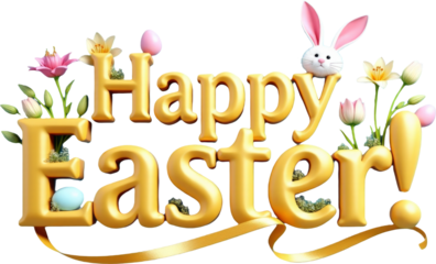 Golden 3D "Happy Easter" text with playful elements like colorful eggs, flowers, and a cute bunny on a transparent background. Ideal for Easter-themed designs, festive greetings, and spring decor.

