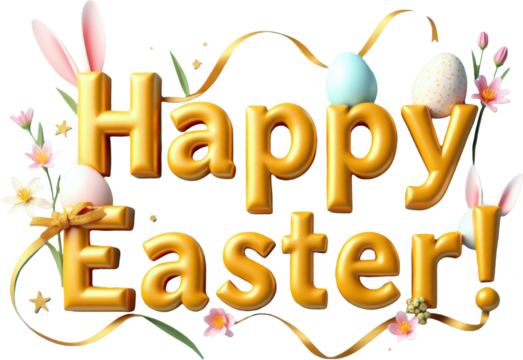 Golden 3D "Happy Easter" text with playful elements like colorful eggs, flowers, and a cute bunny on a transparent background. Ideal for Easter-themed designs, festive greetings, and spring decor.

