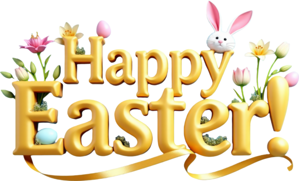 Golden 3D "Happy Easter" text with playful elements like colorful eggs, flowers, and a cute bunny on a transparent background. Ideal for Easter-themed designs, festive greetings, and spring decor.


