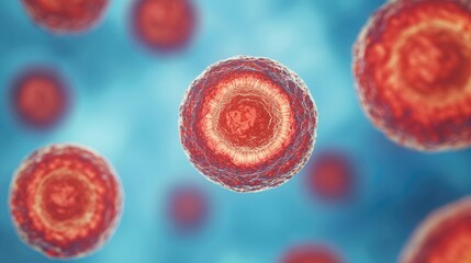 Fototapeta premium A close-up view of vibrant red and blue virus-like structures floating in a blue background, illustrating microbial life.