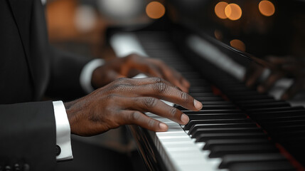 Obraz premium Fingers of african american man in black suit play piano