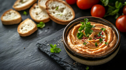 Red pepper hummus with parsley and bread.