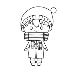 A boy wearing a hat and scarf is standing in the snow