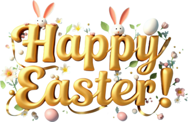 Golden 3D "Happy Easter" text with playful elements like colorful eggs, flowers, and a cute bunny on a transparent background. Ideal for Easter-themed designs, festive greetings, and spring decor.

