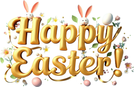 Golden 3D "Happy Easter" text with playful elements like colorful eggs, flowers, and a cute bunny on a transparent background. Ideal for Easter-themed designs, festive greetings, and spring decor.

