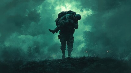 A soldier carries an injured comrade amidst a dramatic, smoky backdrop, symbolizing heroism.
